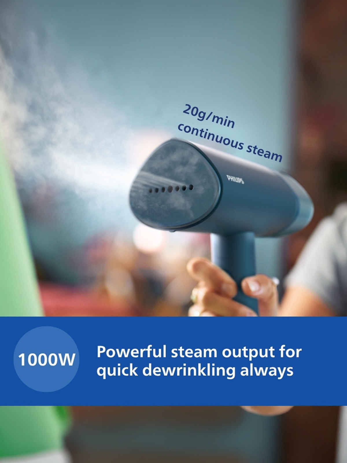 Philips STH3000/20 Handheld Garment Steamer, 1000 Watt, Compact & Foldable, Convenient Vertical Steaming, Kills 99.9% Bacteria - Reno Blue