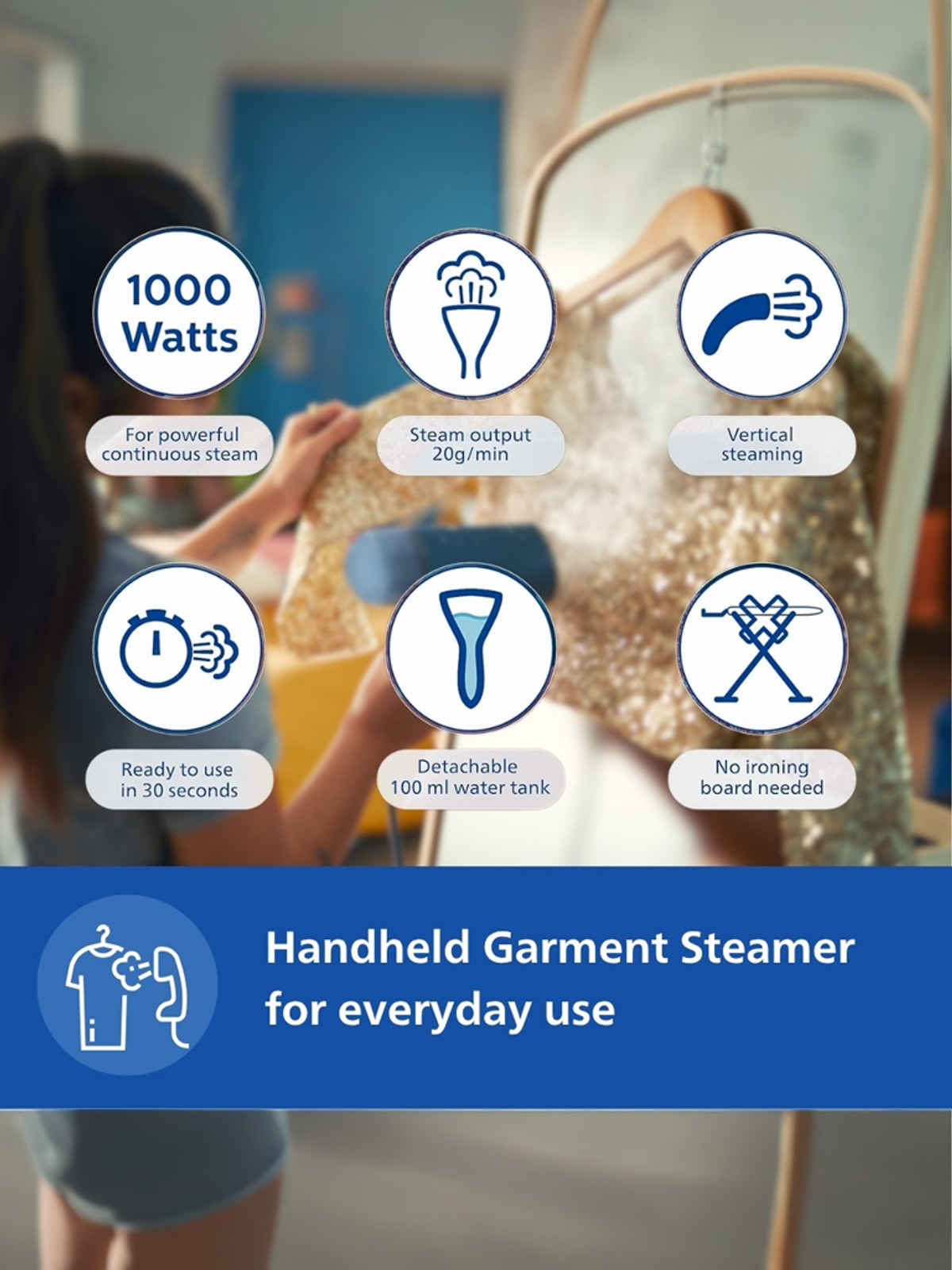 Philips STH3000/20 Handheld Garment Steamer, 1000 Watt, Compact & Foldable, Convenient Vertical Steaming, Kills 99.9% Bacteria - Reno Blue