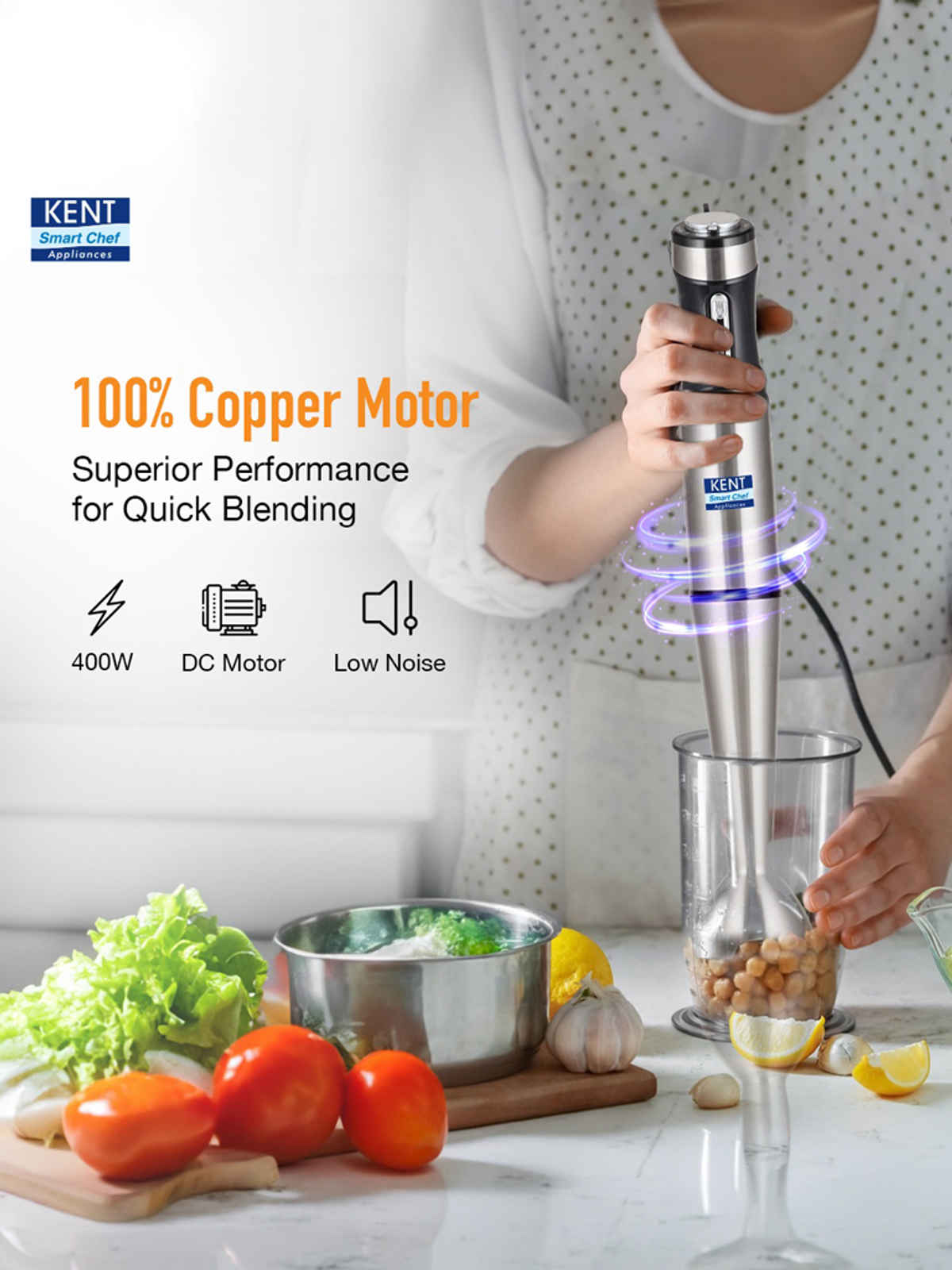 Kent 16044 Hand Blender Stainless Steel 400W | Variable Speed Control | Low Noise Operation
