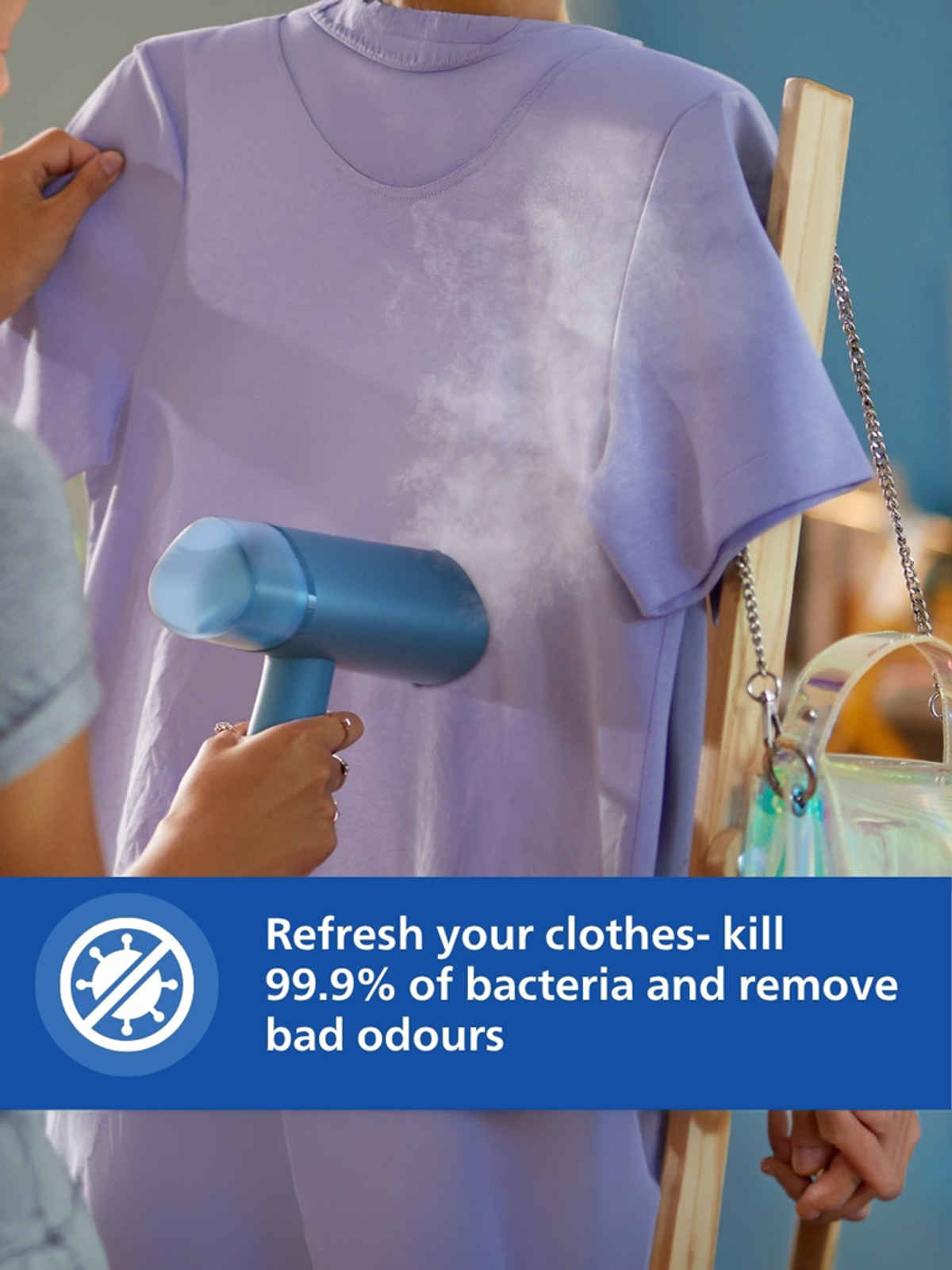 Philips STH3000/20 Handheld Garment Steamer, 1000 Watt, Compact & Foldable, Convenient Vertical Steaming, Kills 99.9% Bacteria - Reno Blue