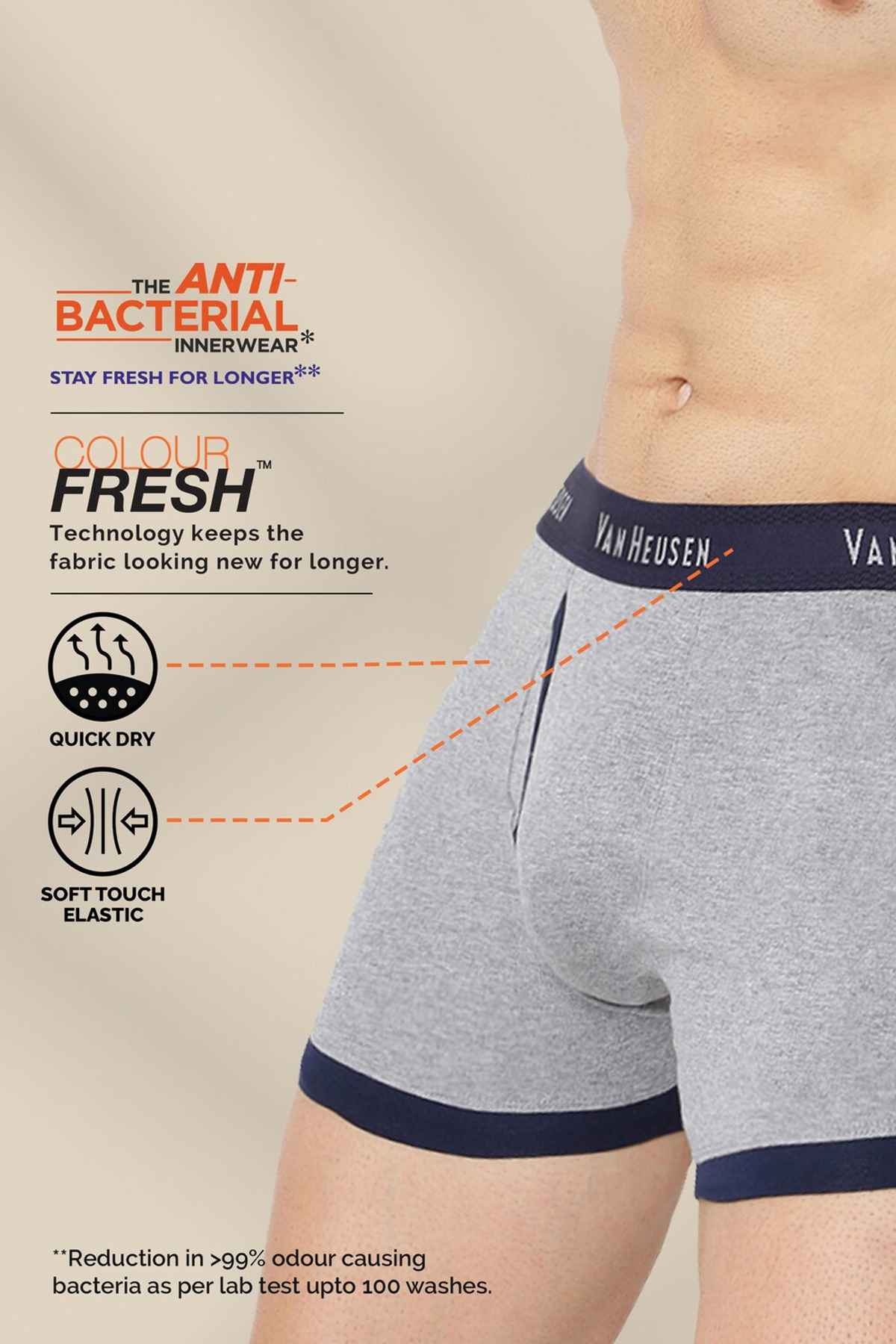 Van Heusen Apparel Men's Solid Trunks | Anti Bacterial | Grey Melange and Dark Navy - L