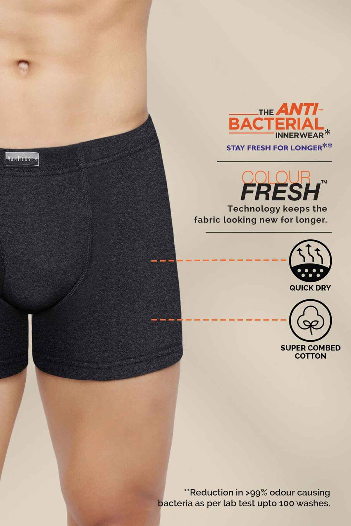 Van Heusen Men Dark Grey, Pure Black & Pure Black Pack Of 3 Combed Anti Bacterial Boxer Briefs - XL