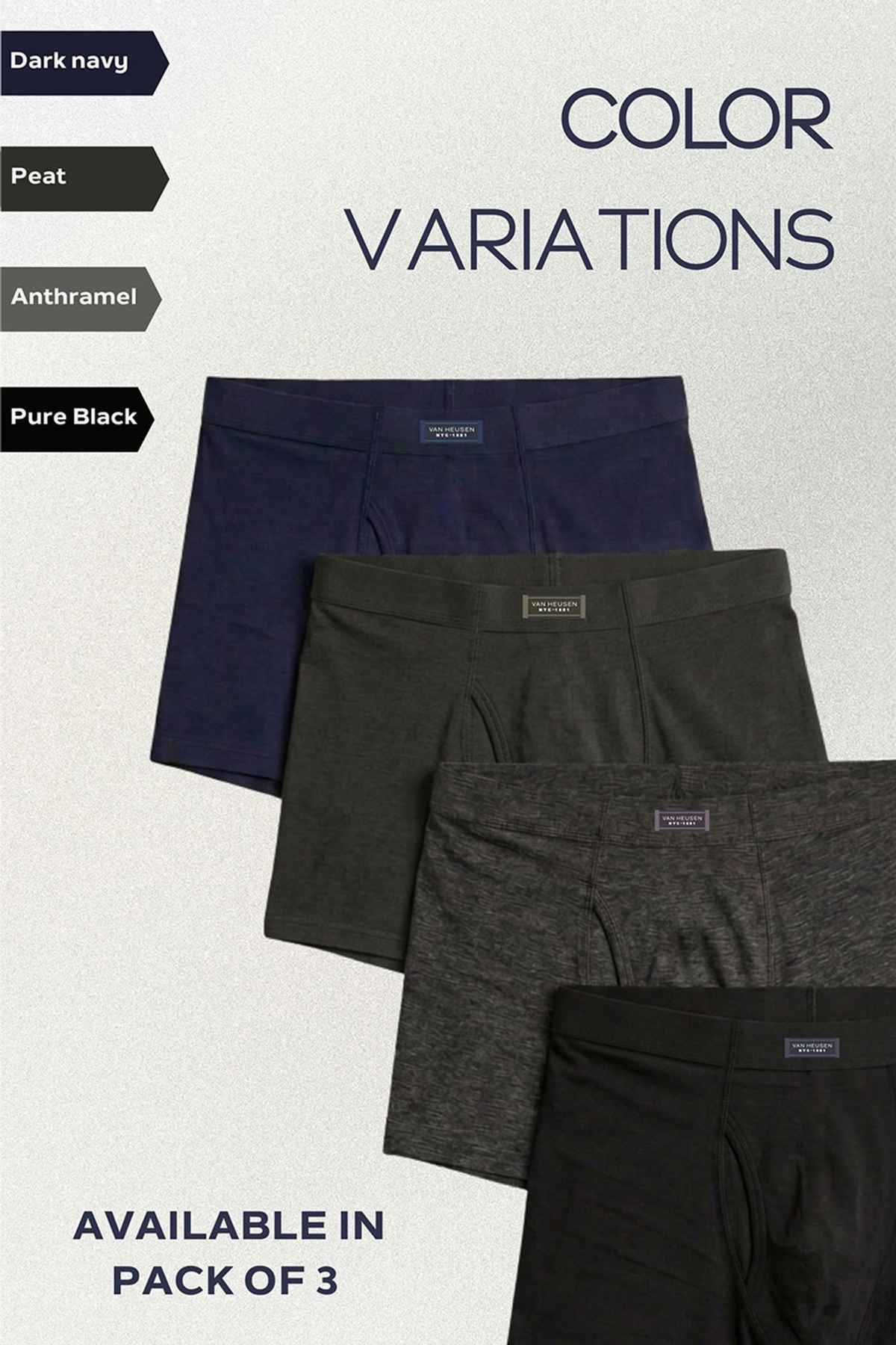 Van Heusen Men Dark Grey, Pure Black & Pure Black Pack Of 3 Combed Anti Bacterial Boxer Briefs - XL