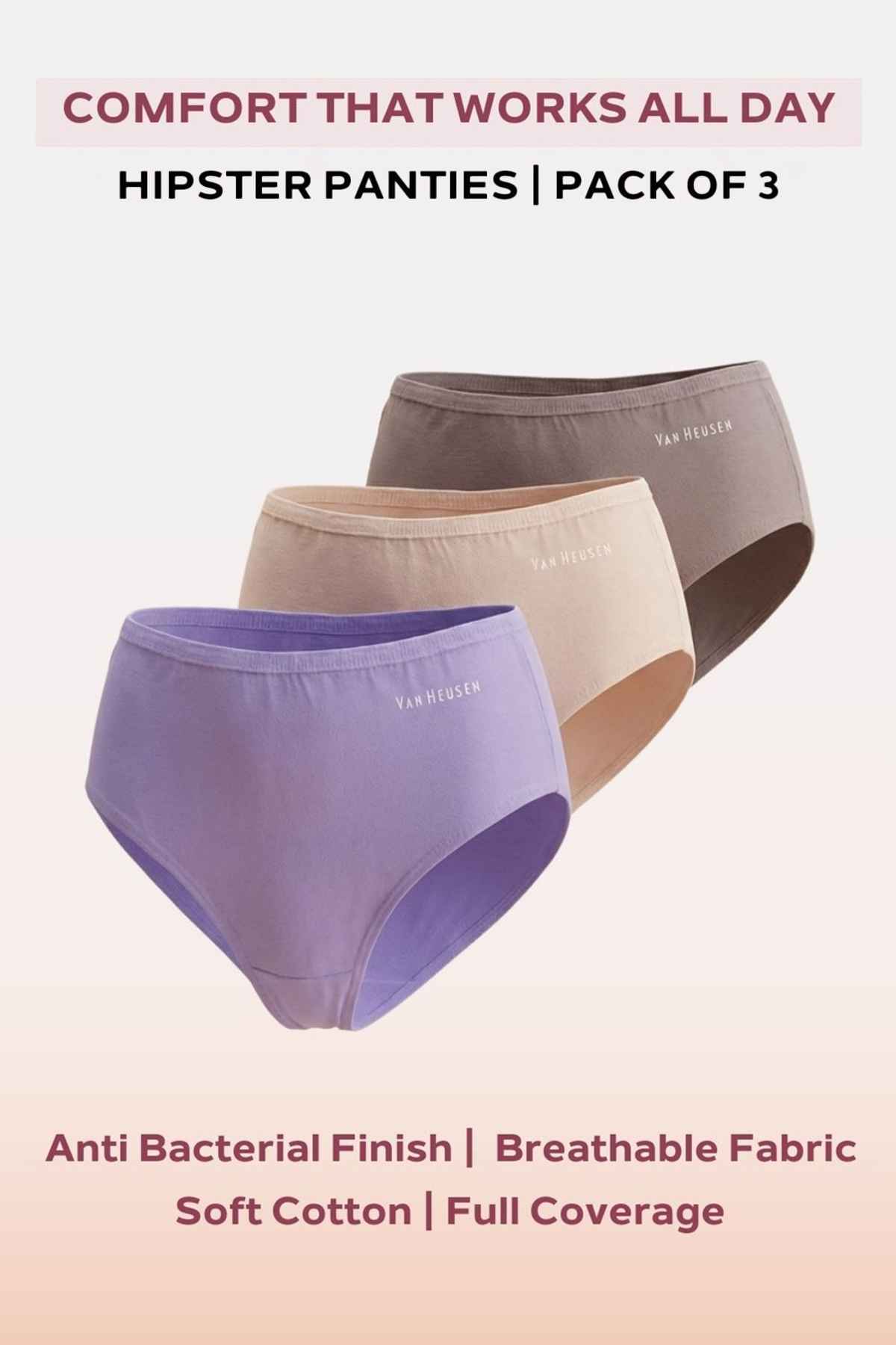 Van Heusen Women Cotton Light Assorted Solid Full Coverage Hipster Panty | Pack of 3 -L