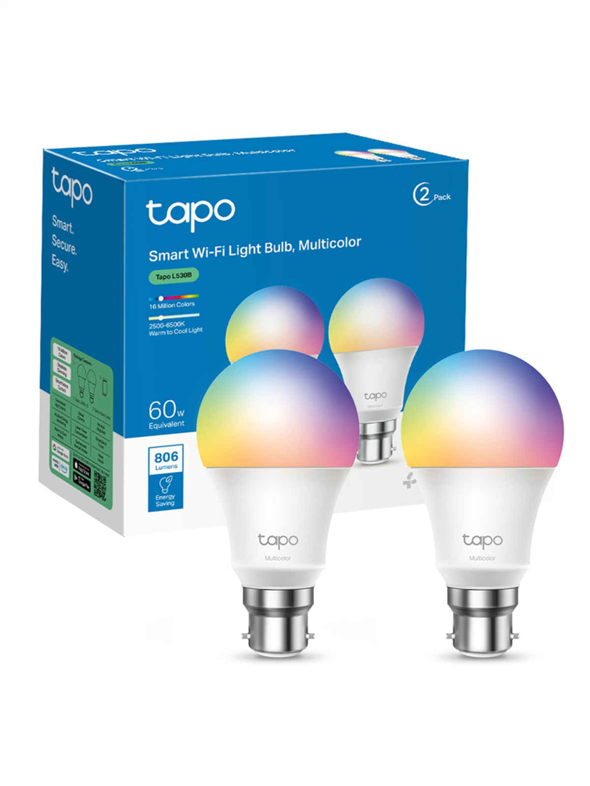 TP-Link Tapo L530B(2Pack) Smart WiFi Light Bulb, , 8.7W, Compatible with Alexa, Multicolor | B22 Base Holder