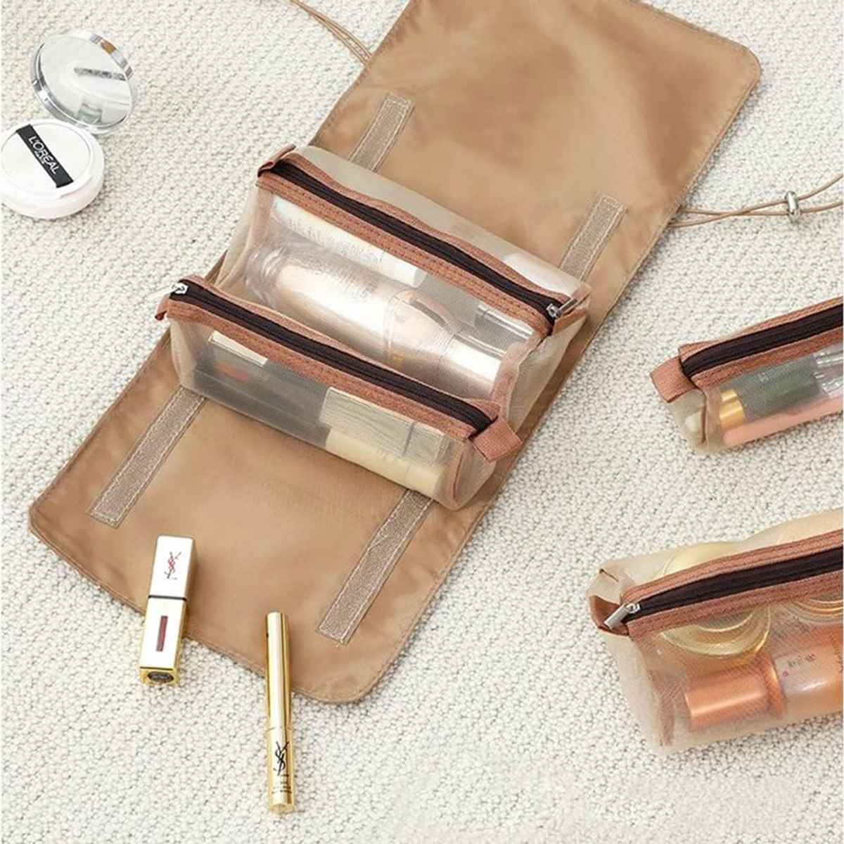 Awestuffs 4 in 1 Hanging Roll Up Toiletry Makeup Bag Waterproof Travel Organizer | Khaki