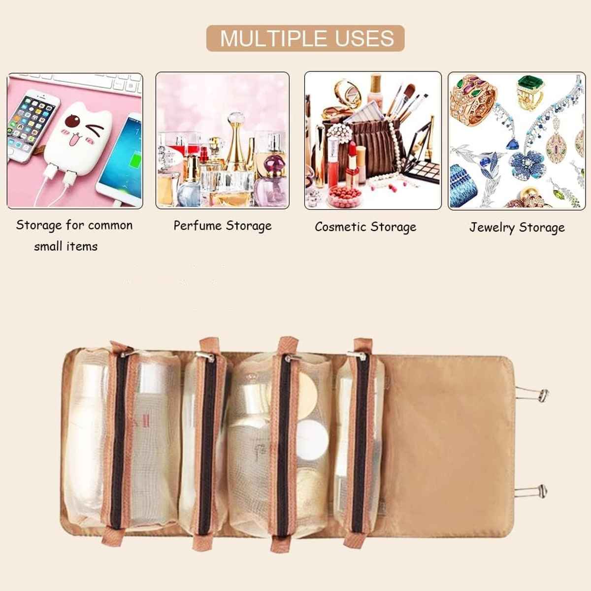 Awestuffs 4 in 1 Hanging Roll Up Toiletry Makeup Bag Waterproof Travel Organizer | Khaki