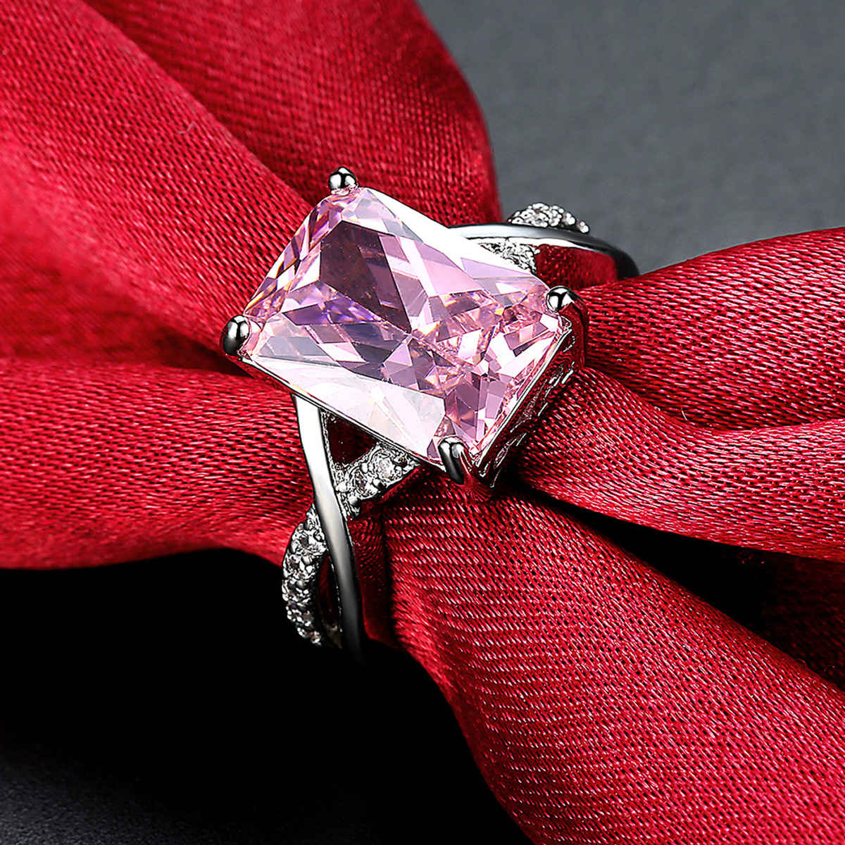 Yellow Chimes Adjustable Pink Crystal Ring for Women, Rhodium Plated