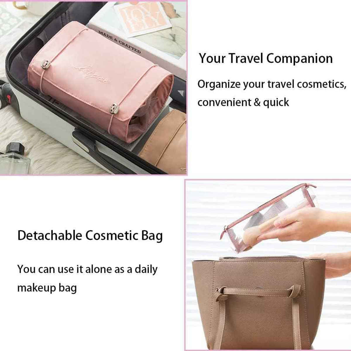 Awestuffs 4 in 1 Hanging Roll Up Toiletry Makeup Bag Waterproof Travel Organizer | Pink