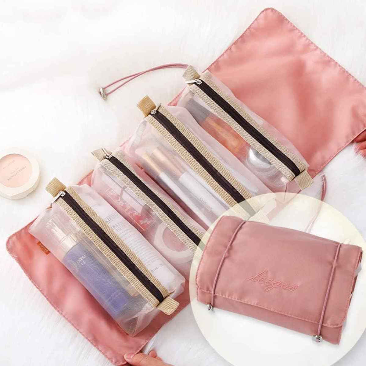 Awestuffs 4 in 1 Hanging Roll Up Toiletry Makeup Bag Waterproof Travel Organizer | Pink
