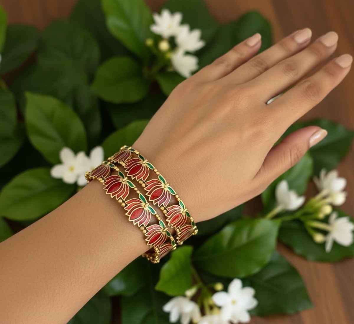 The Opal Factory Metal Bangles with Pink and Golden Lotus Flower Design | Pink and Gold - Size 2.6