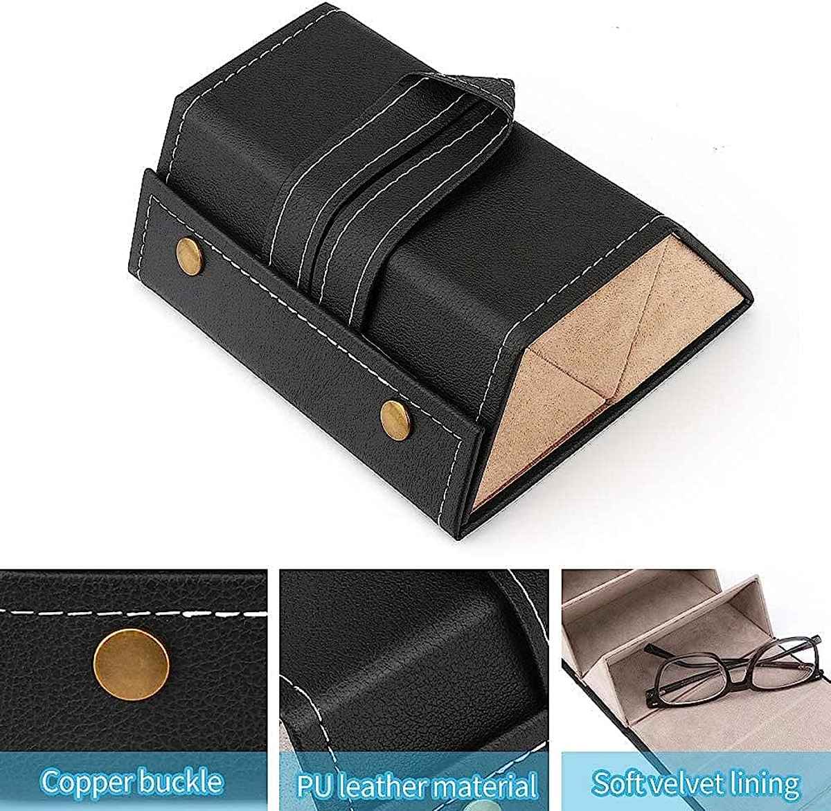 Awestuffs 3 Slots Foldable PU Leather Sunglasses Case | Hanging Eyeglasses Storage Box | Unisex