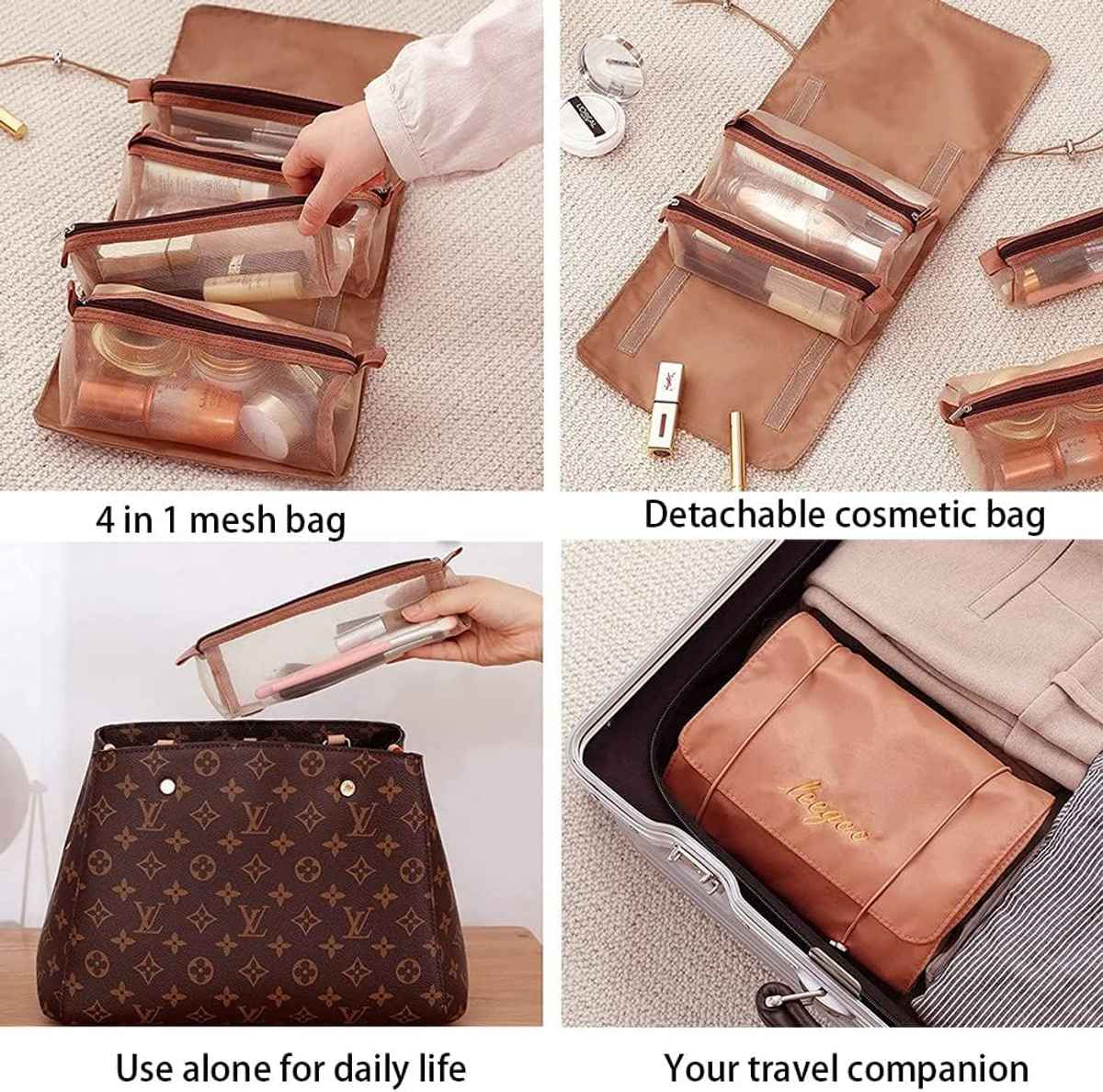 Awestuffs 4 in 1 Hanging Roll Up Toiletry Makeup Bag Waterproof Travel Organizer | Khaki