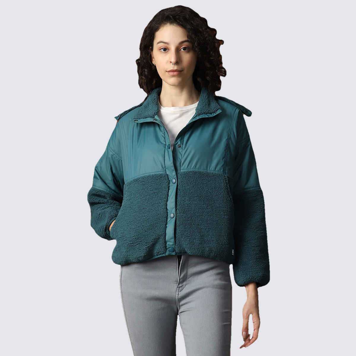 High Star Women's Self Design Shirt Collar Sweatshirt | Teal - L