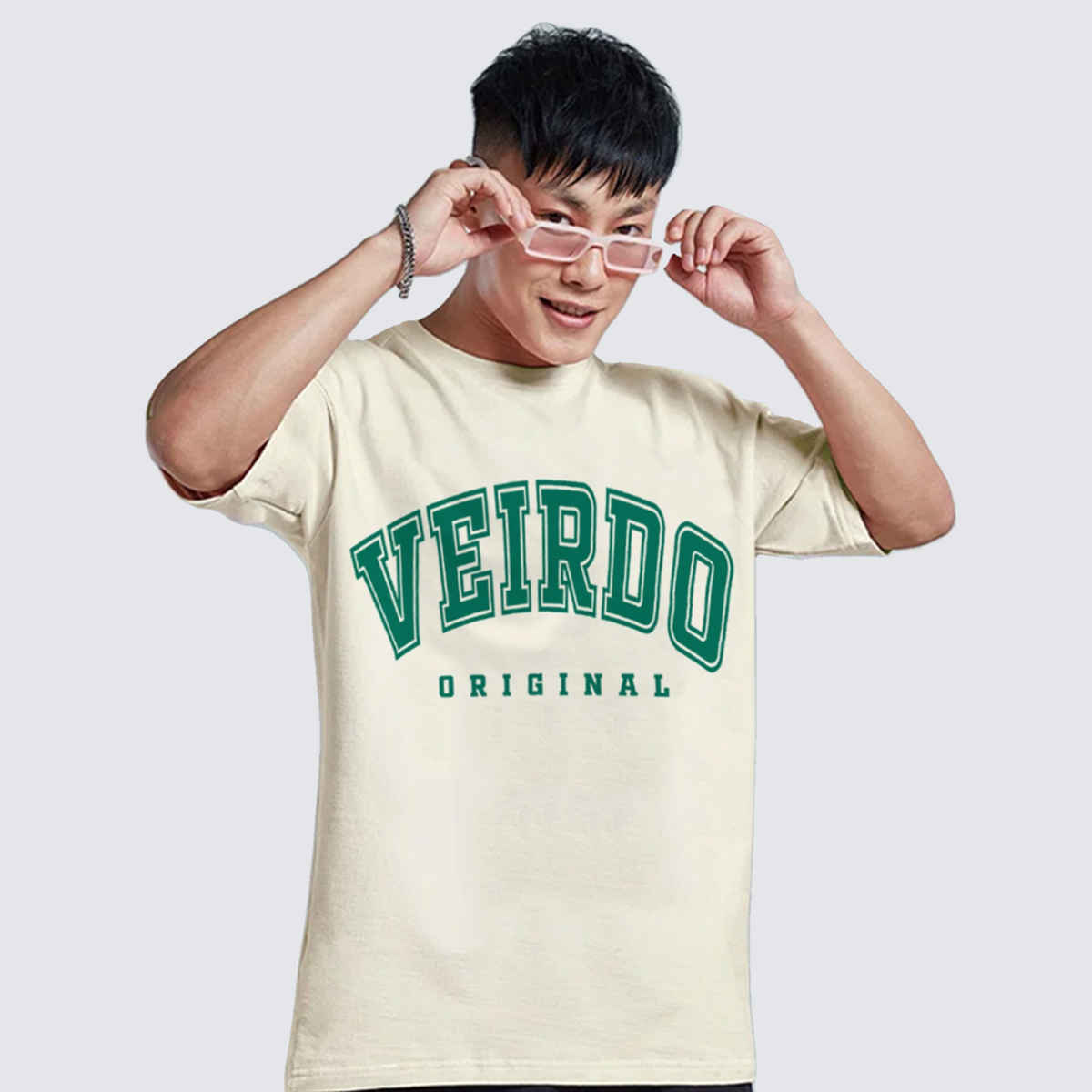 Veirdo Pure Cotton Oversized Fit Round Neck Swan White Printed T-Shirt For Men - XL