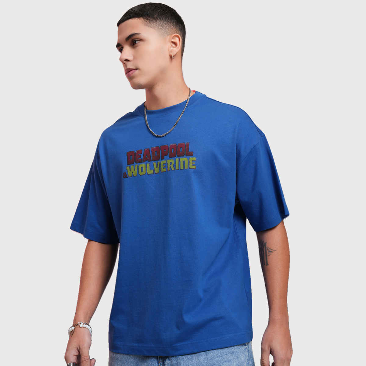 Highlander Men's Marvel Deadpool & Wolverine Printed Oversized Drop Shoulder T-shirt | Blue - S
