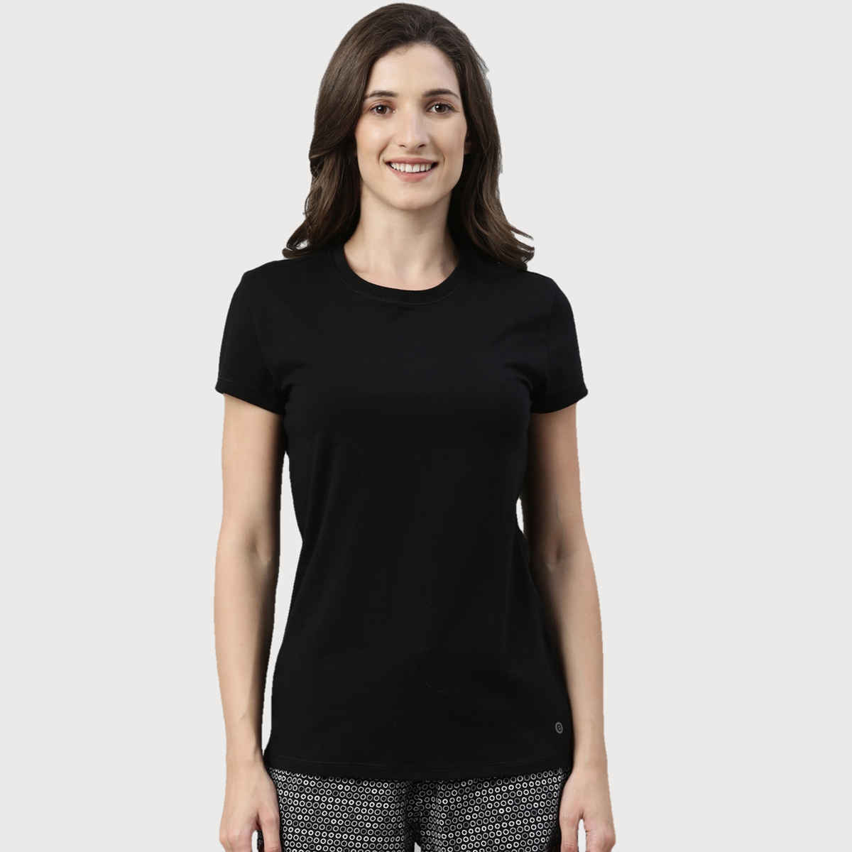 Enamor Women's E047 Basic Crew Neck Stretch Cotton Tee|Short Sleeves | Jet Black-M