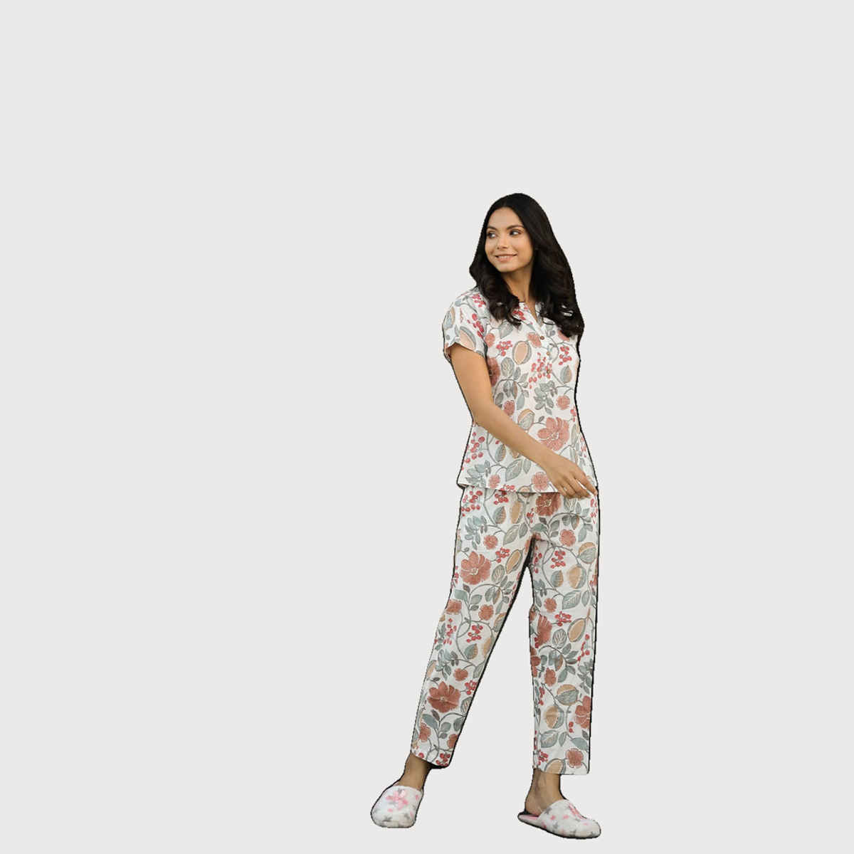 Sanskrutihomes Women's Printed Pure Cotton Night Suit | White - XXL