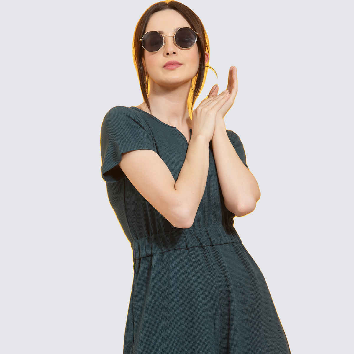 Rigo Women Waffle Knit Playsuit | Teal Green - S