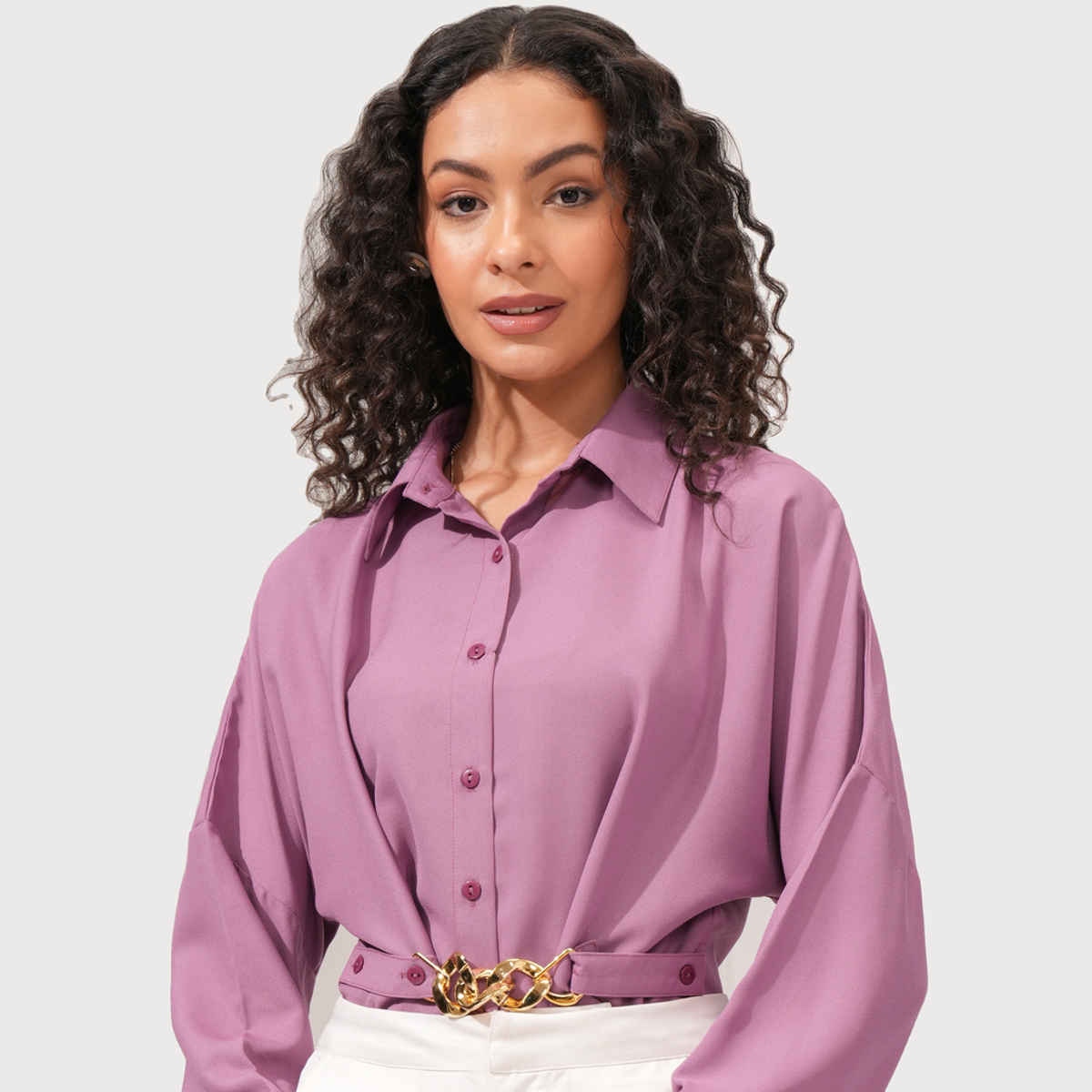 Tokyo Talkies Women's Button Down Front Pocket Detailed Shirt | Purple - M