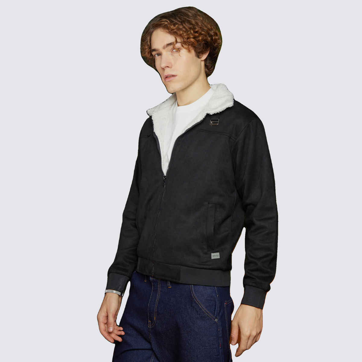 Campus Sutra Men's Fleece-Lined Bomber Jacket | Raven Black & Chalk White - L