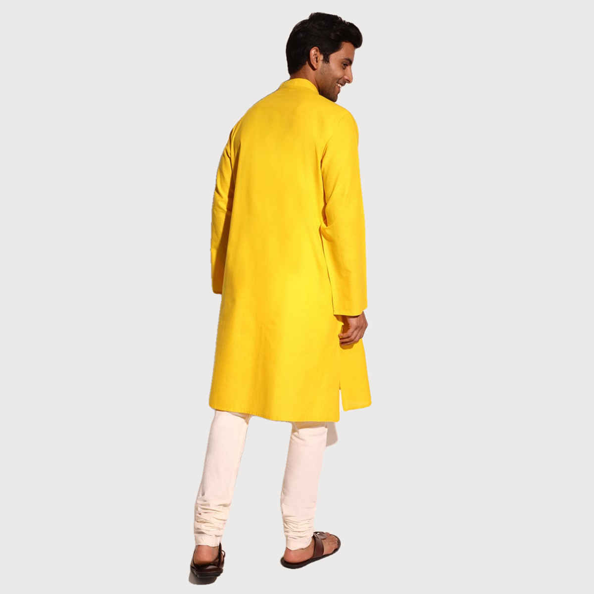 Fabindia Men's Long Kurta Comfort Fit | Yellow - XS