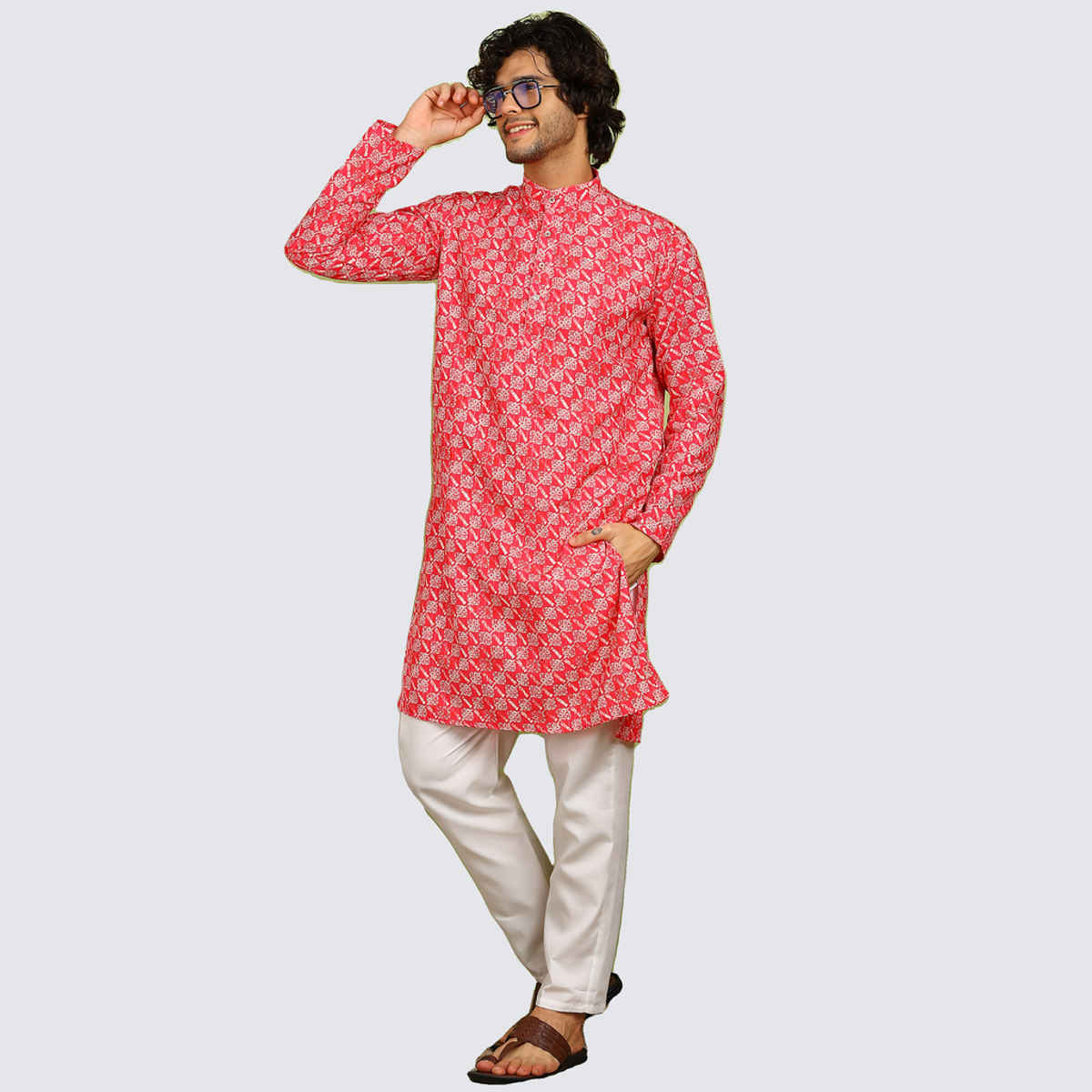Allan Peter Men's Printed Long Kurta | Coral - M