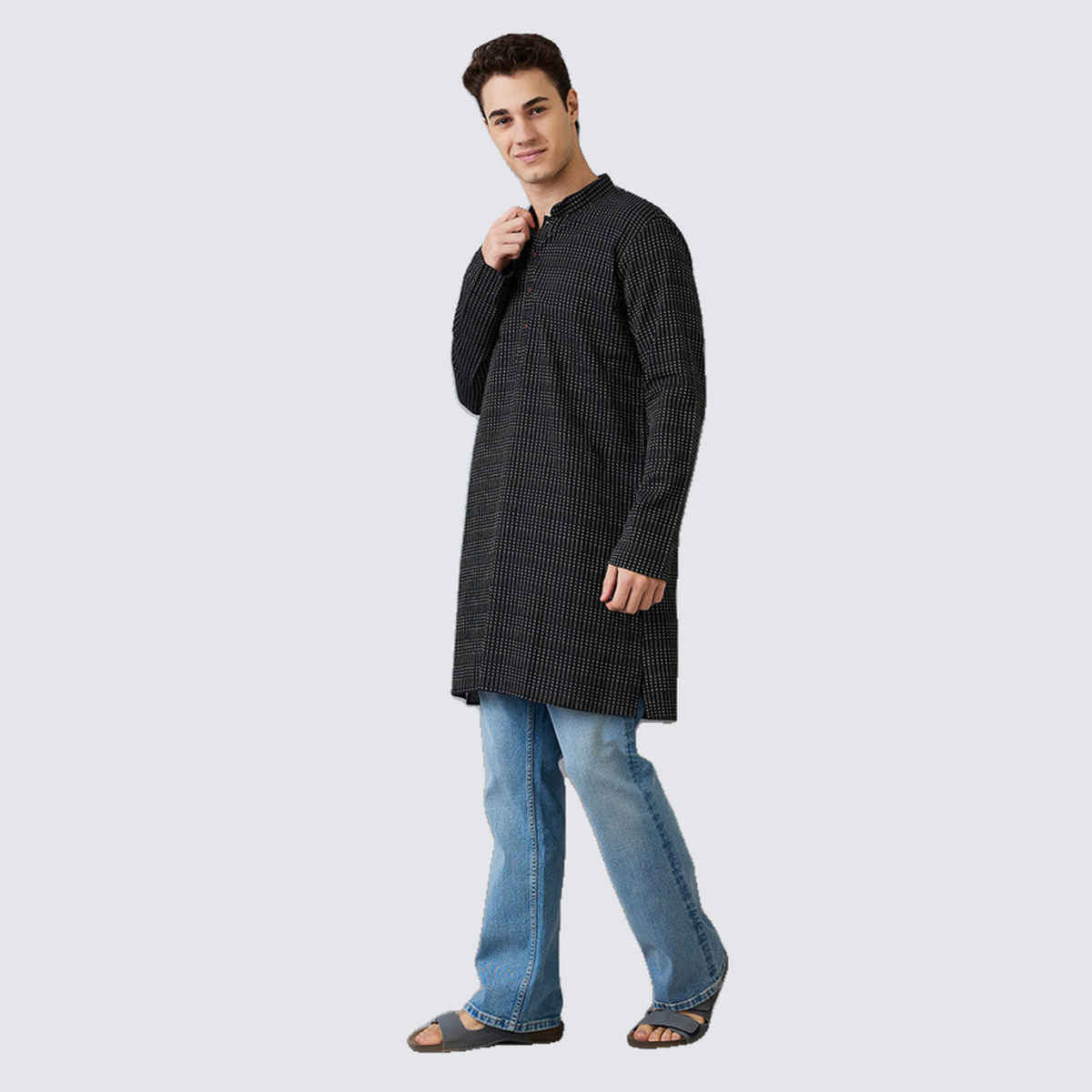 Ethnix by Raymond Men's Fit Pure Cotton Full Sleeve Folded Collar Short Kurta | Black - M