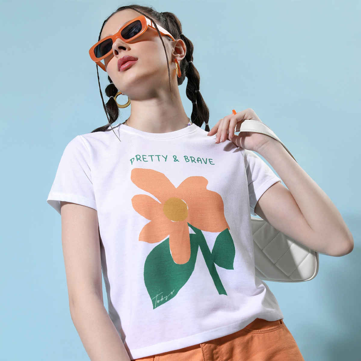 Tokyo Talkies Women's Floral Printed Round Neck T-Shirt | White - M