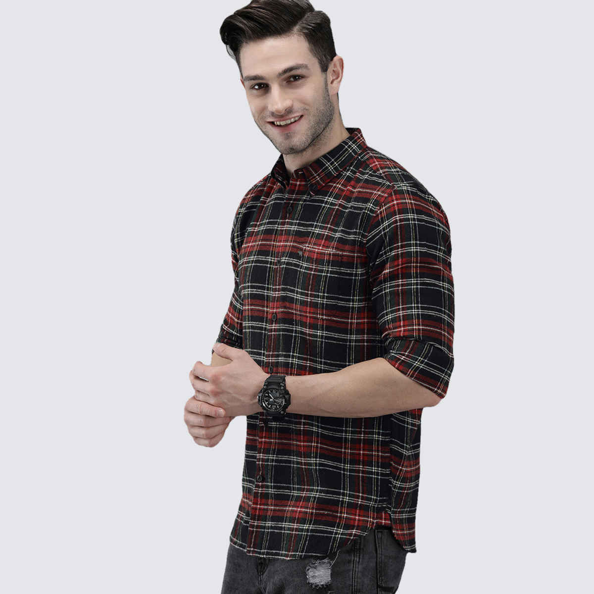 The Bear House Men Slim Fit Checked Shirt - Anglo | Black and Red | XXL