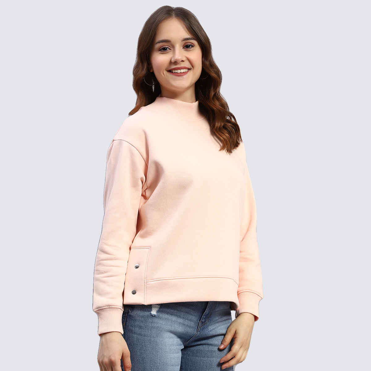 Rock.It By Monte Carlo Womens Peach Solid High Neck Full Sleeve Sweatshirt | 2240102608-2-40 | XL