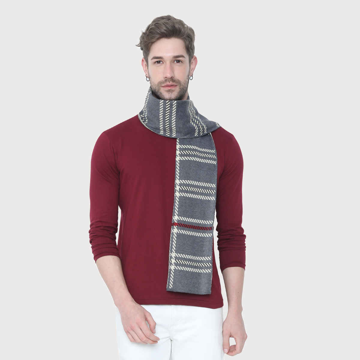 Fabseasons Unisex Checkered Acrylic Muffler | Grey and Beige