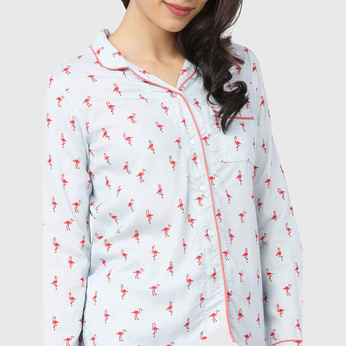 Tokyo Talkies Women's Printed Sleep Shirt | Coral and Blue - M