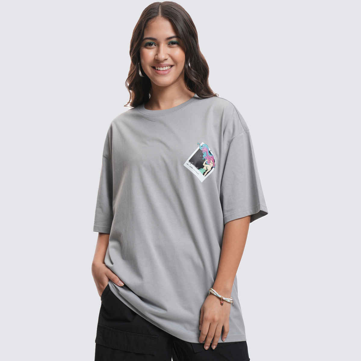 Tokyo Talkies Disney Women's Little Mermaid Glitter Oversized T-shirt | Grey - L