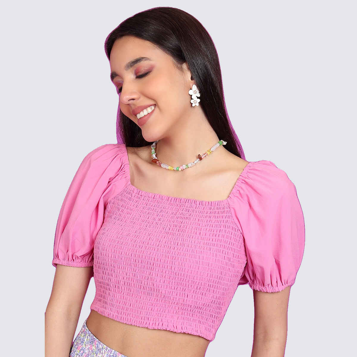 Ketch Women's Square Neck Puff Sleeve Smocked Crop Top | Pink - S