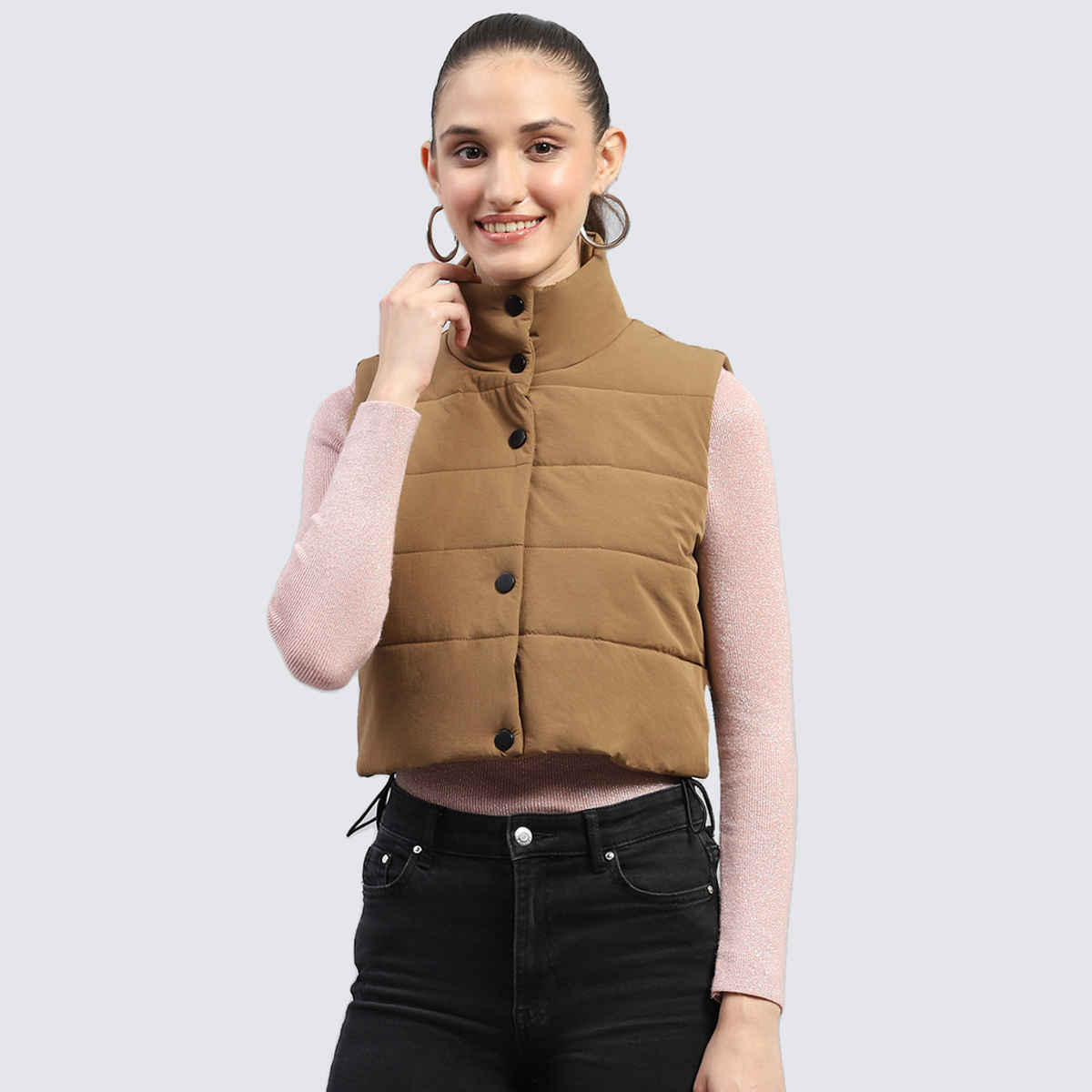 Rock.It By Monte Carlo Womens Brown Solid Mock Neck Sleeveless Jacket | 2240102633-2-36 | M