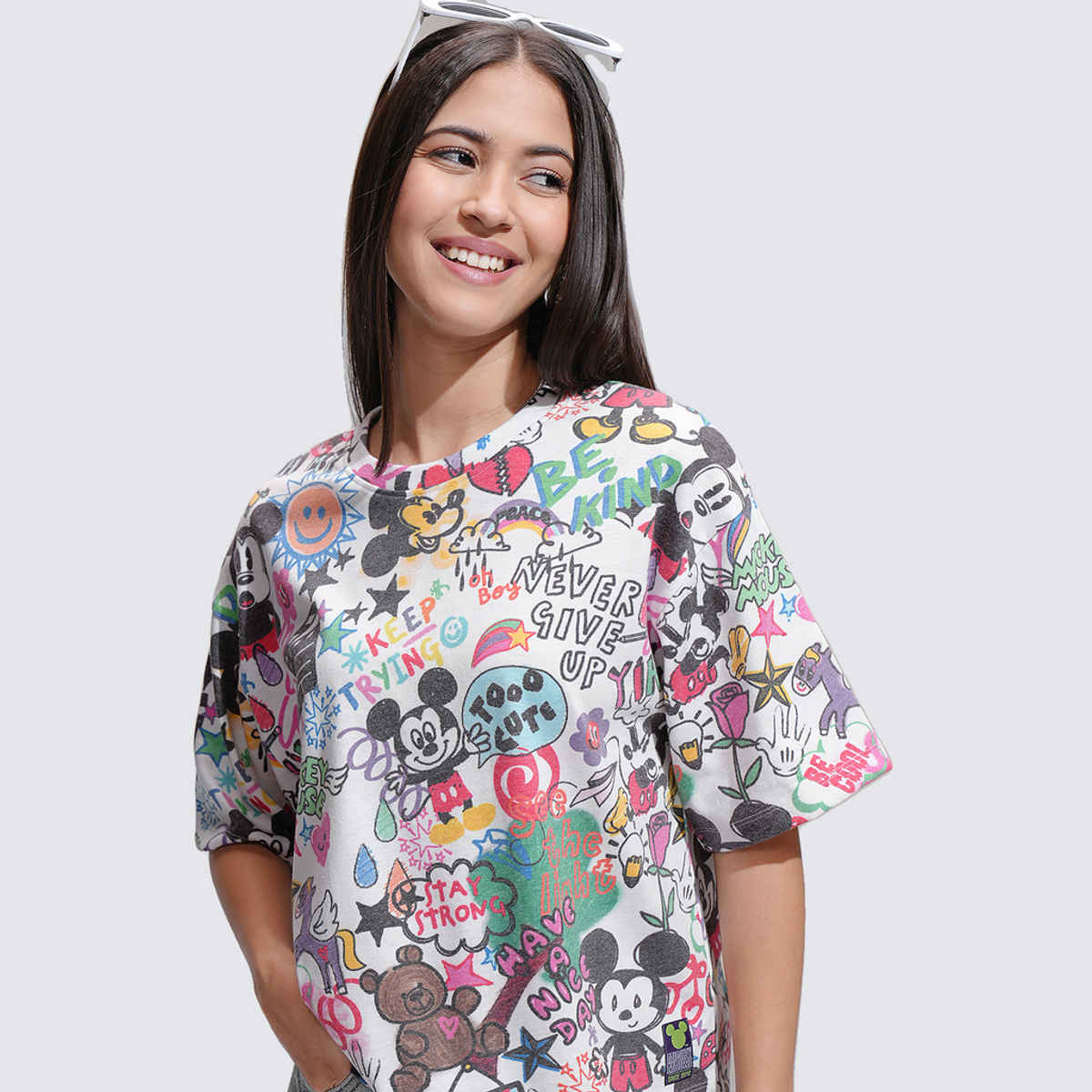 Tokyo Talkies Disney Women's Mickey Mouse Printed Relaxed Fit T-shirt | White - L