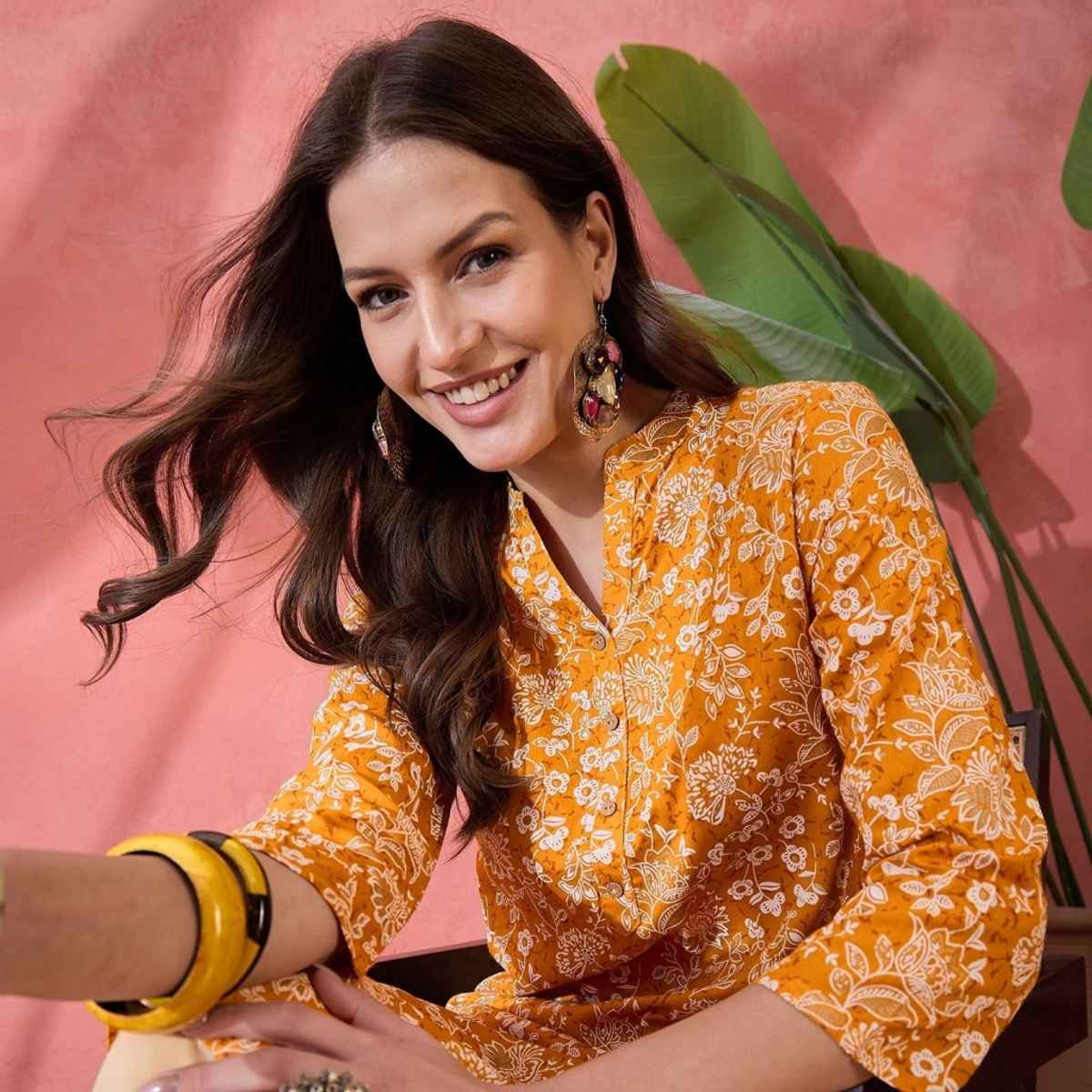 Rangdeep Women s Floral Printed Mandarin Collar Pure Cotton Straight Kurta | Mustard | XL