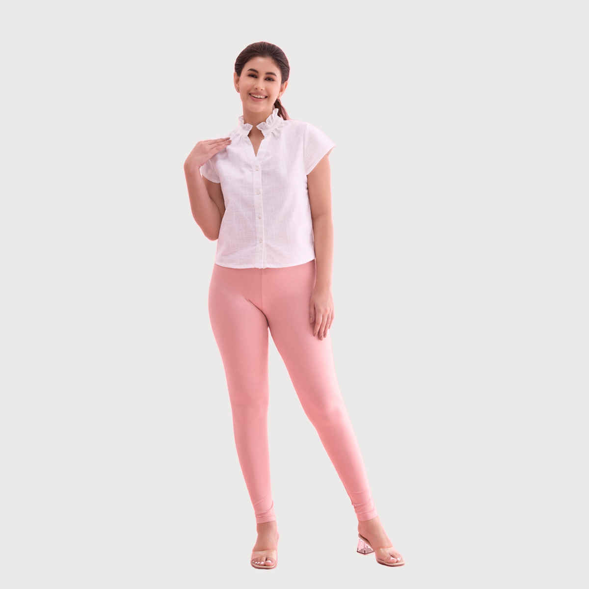 Go Colors Women's Solid Mid Rise Ankle Length Leggings | Baby Pink - XL