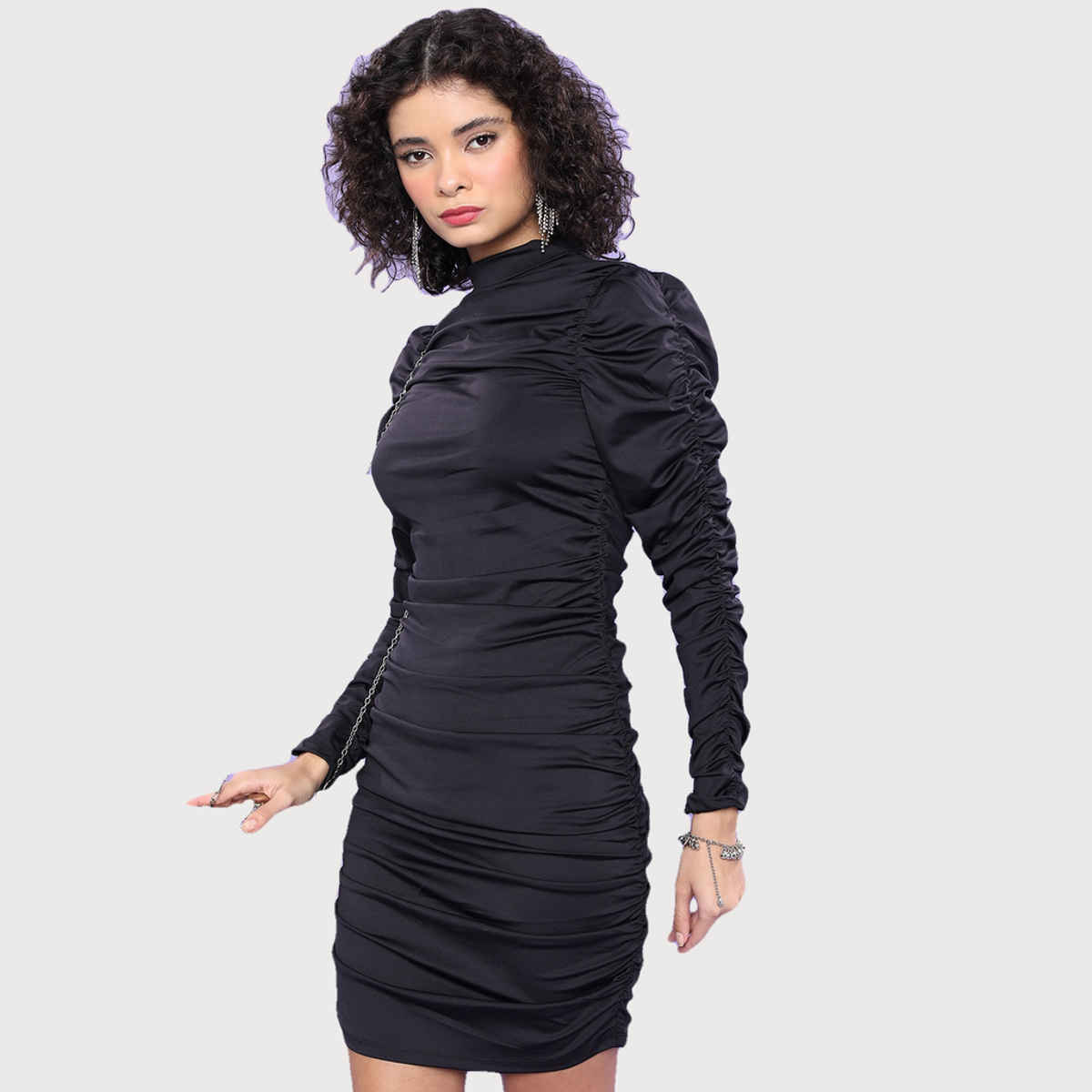 Ketch Women's Gathered Detailed High Neck Long Sleeves Sheath Dress | Black - XL