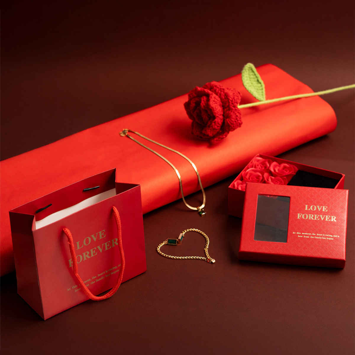 Just Lil Things Women's Day Luxe Red Rose with Green Elegant Earring & Necklace Set