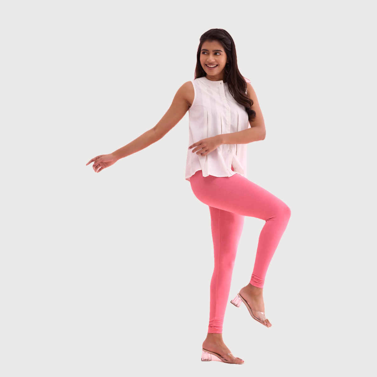 Go Colors Women's Solid Mid Rise Ankle Length Leggings | Young Pink - S