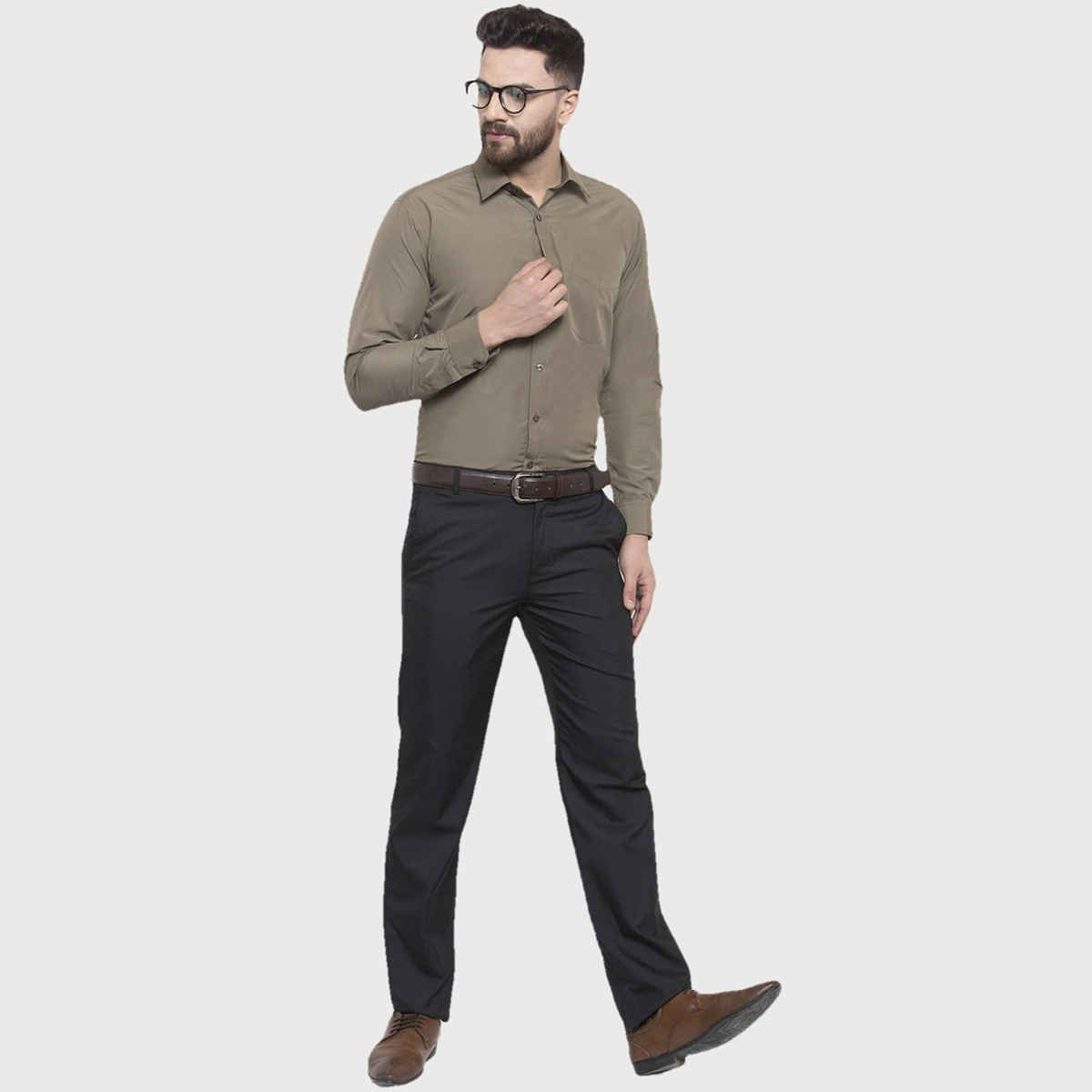 English Navy Men Olive Solid Slim Fit Formal Shirt-38