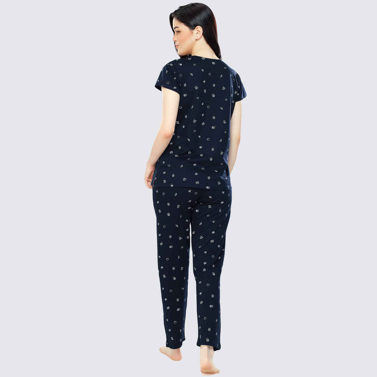 Zeyo Women's Cotton Printed Navy Blue Night Suit Set of Top & Pyjama | 5304-M