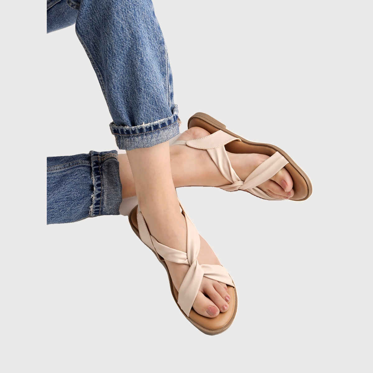 Shoetopia Cross Strap Cream Flat Sandals For Women | UK 3