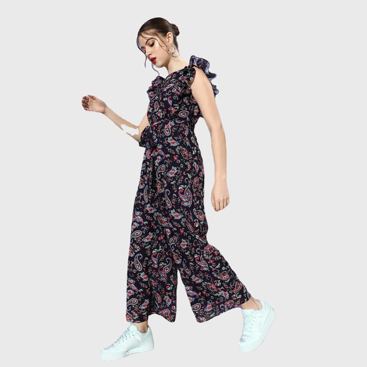 Miss Chase Women s Cashflow Is Queen Frilled Jumpsuit Multicolored Base Navy Blue | XL