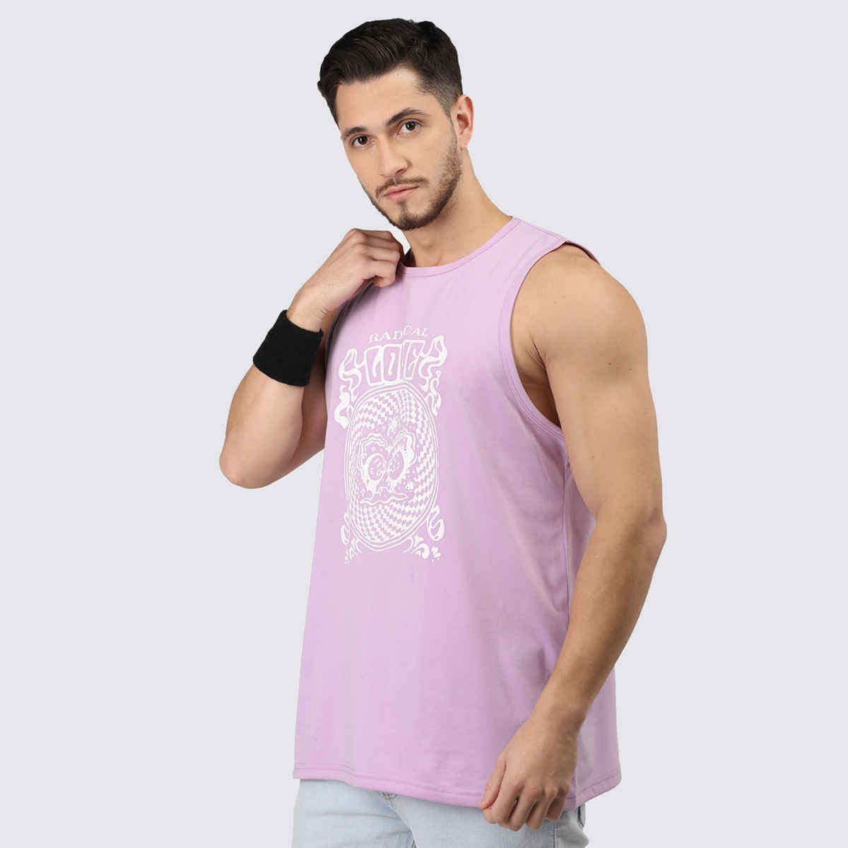 Chkokko Men Gym Regular Fit Tank Tops Sports Sleeveless Printed Vest Lavender | Size M