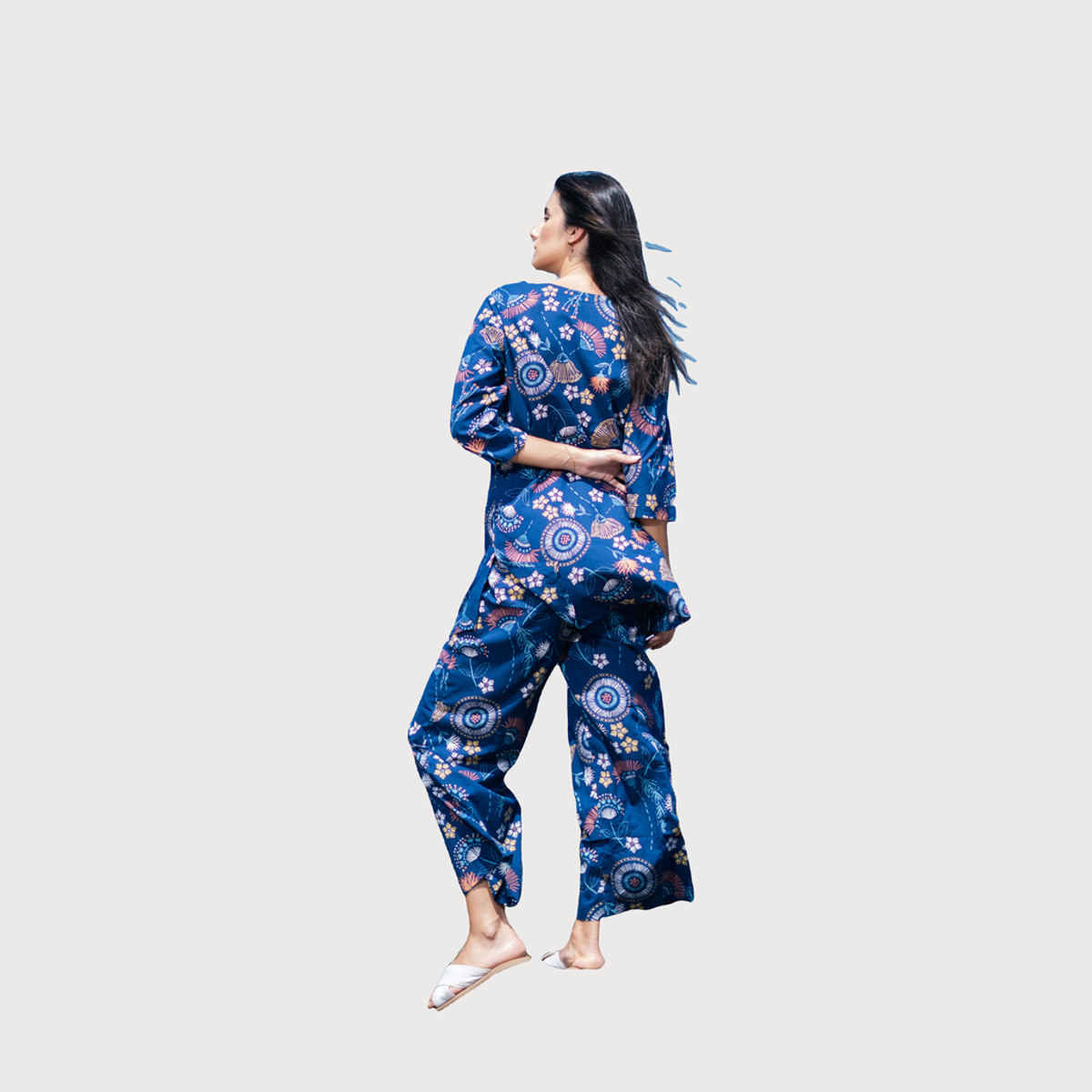 Sanskrutihomes Ethnic Motif Pure Cotton Top & Trouser Co-Ord Set | Navy Blue - 3XL