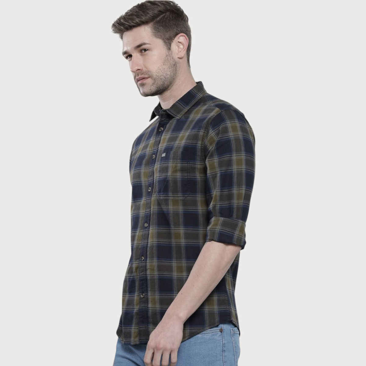 The Indian Garage Co Men's Slim Fit Checkered Casual Shirt | Navy Blue & Green - M