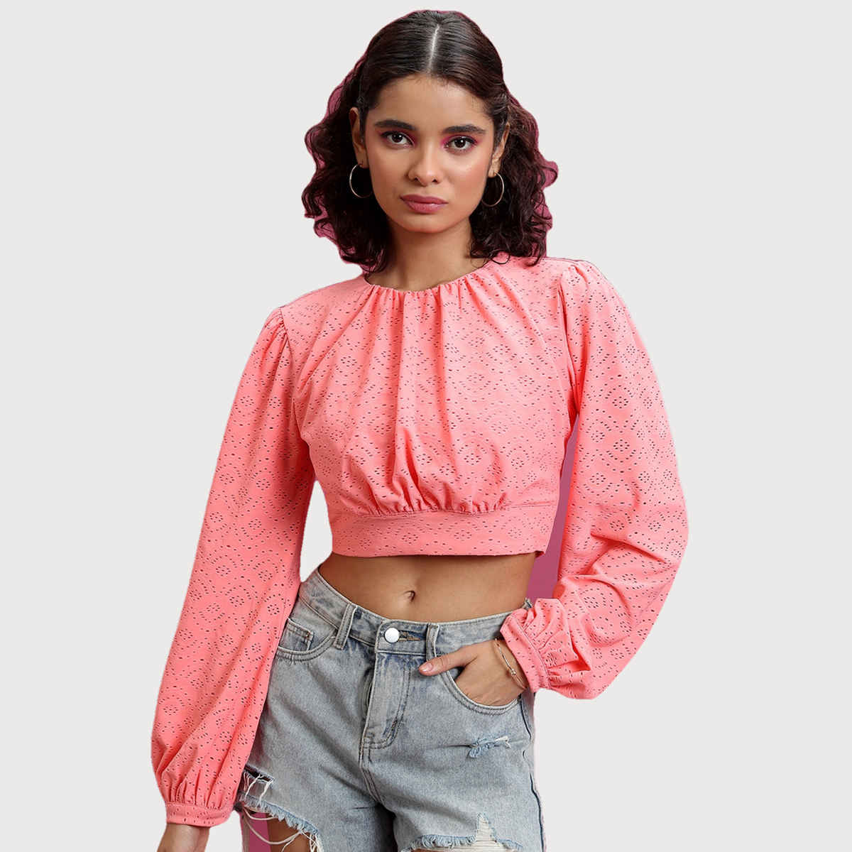 Ketch Women's Self Design Round Neck Bishop Sleeves Blouson Crop Top | Pink - XL